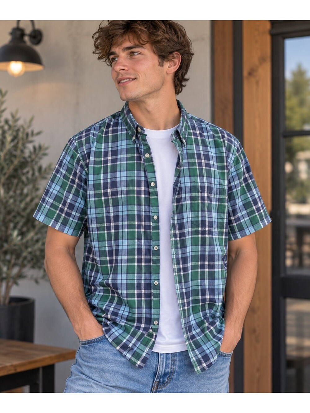 Sonoma Men’s XXL Green Blue Plaid Shirt Y2K Dadcore  Core Short Sleeve Button-Up